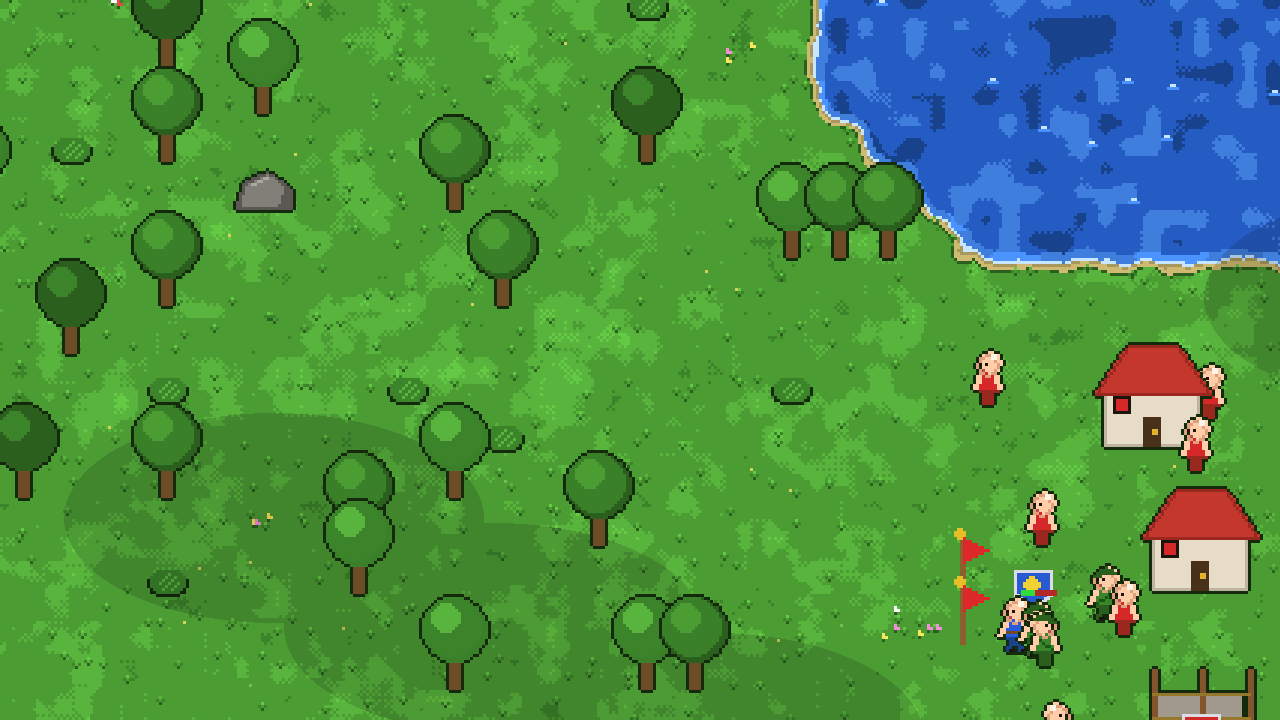 Grass world, a generated level in project-made pixel art: a green meadow dotted with trees and rocks, with a red-roofed house and a few small figures.