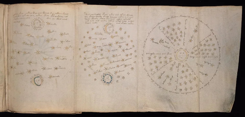 Beinecke MS 408 Folio 68r three-panel astronomical foldout showing circular star diagrams with individual star labels.